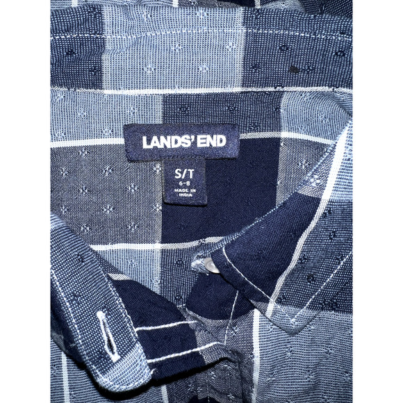 LANDS' END Top Women's Size S/T 6-8 Navy Blue Plaid Textured Roll Tab Slv Shirt - Picture 8 of 8